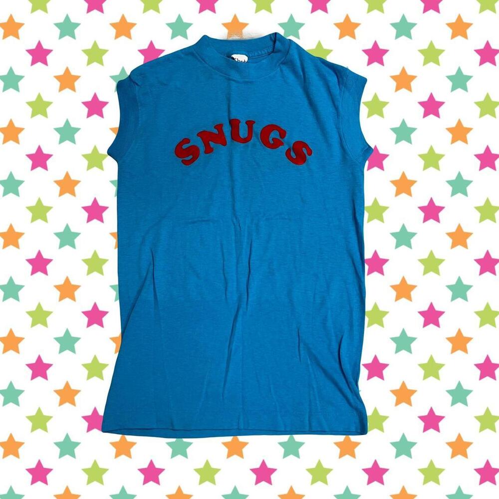 Vintage 80s Blue short sleeve Snugs spellout shirt